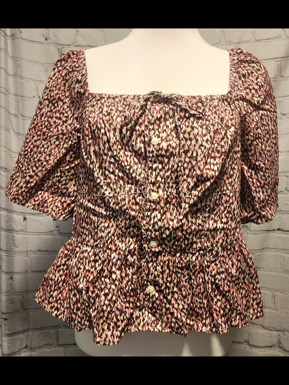 Universal Thread Women’s Pink Patterned Square-Neck Peplum Blouse